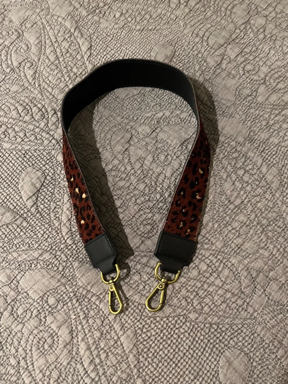 Calf Hair Bag Strap With Leopard Print and Gold Clasps 26” Long